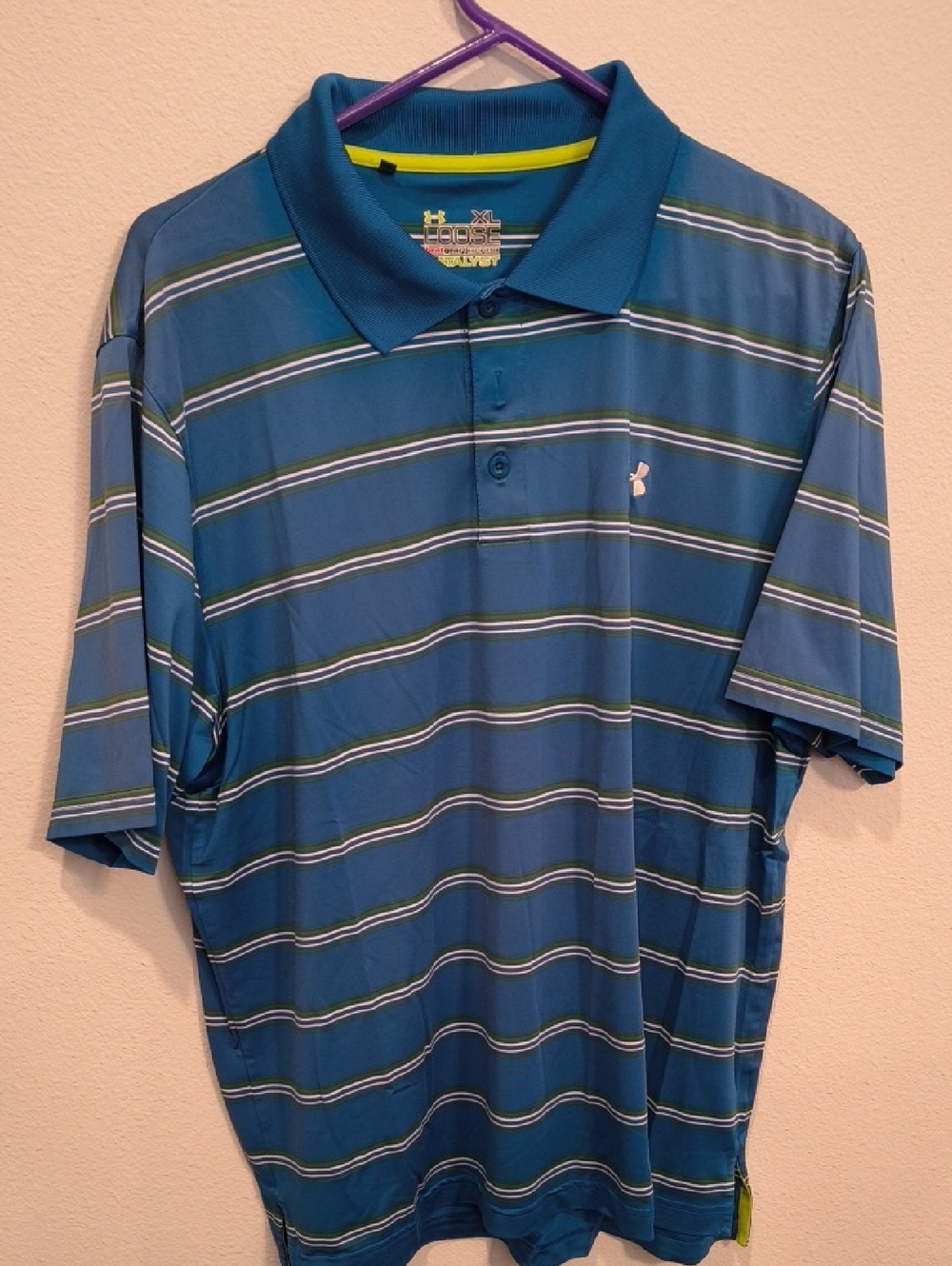 Under Armour Blue and Yellow Catalyst Striped Polo XL